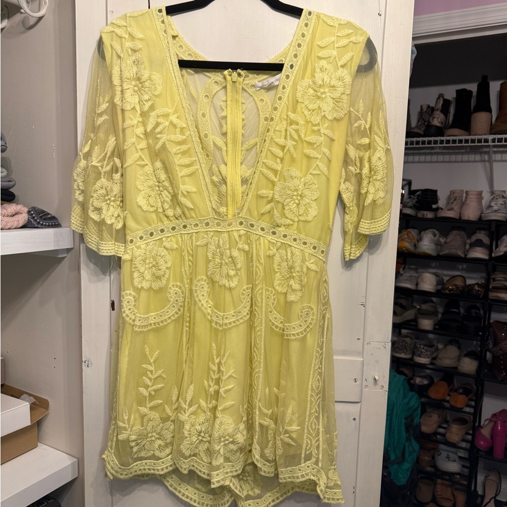 Honey Punch Yellow Lace Embroidered Women's Romper